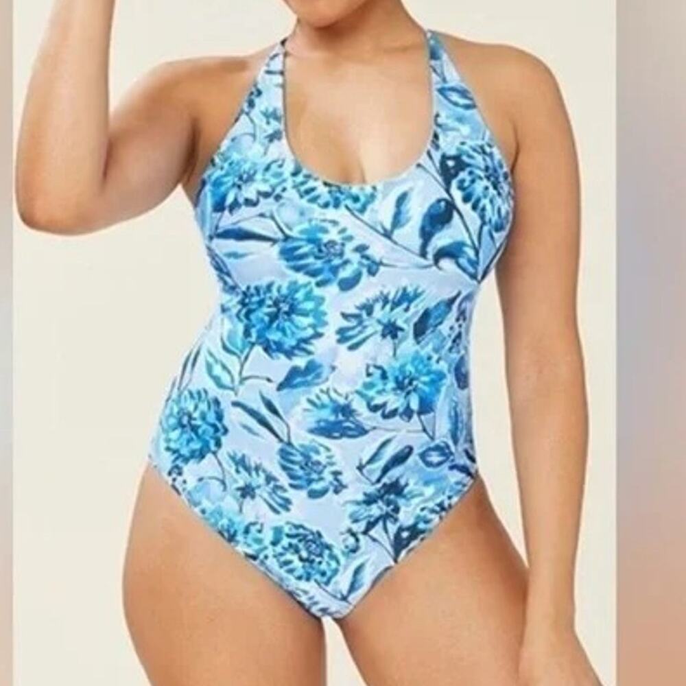 NWT Andie The Baia Floral Underwire One Piece Swimsuit Removable Cups M Blue